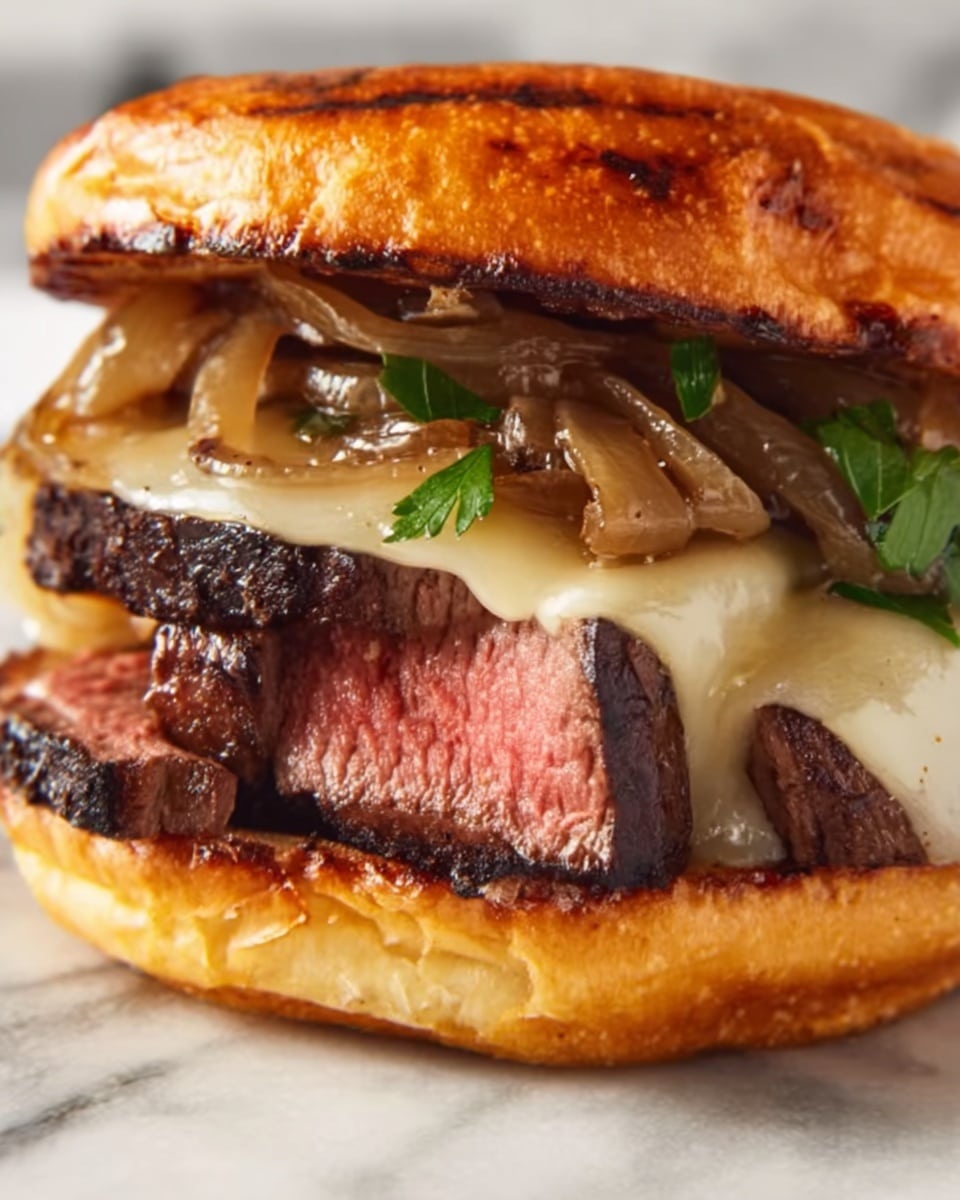 Grilled Ribeye Steak Sandwich with Caramelized Onions, Mushrooms, and Roasted Red Pepper Aioli Recipe - Recipe Image