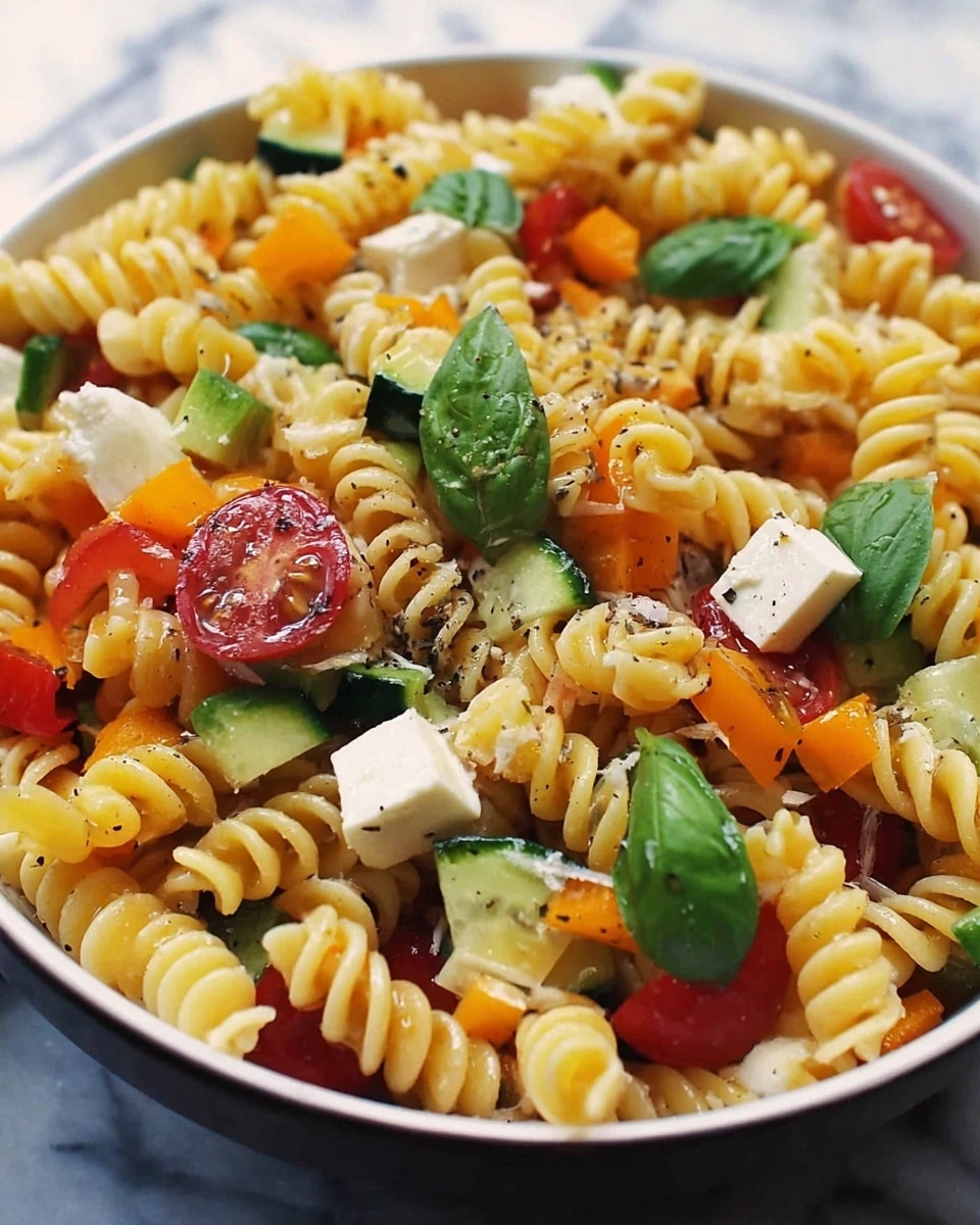 Mediterranean Pasta Salad with Cherry Tomatoes, Cucumber, and Red Bell Pepper Recipe - Recipe Image