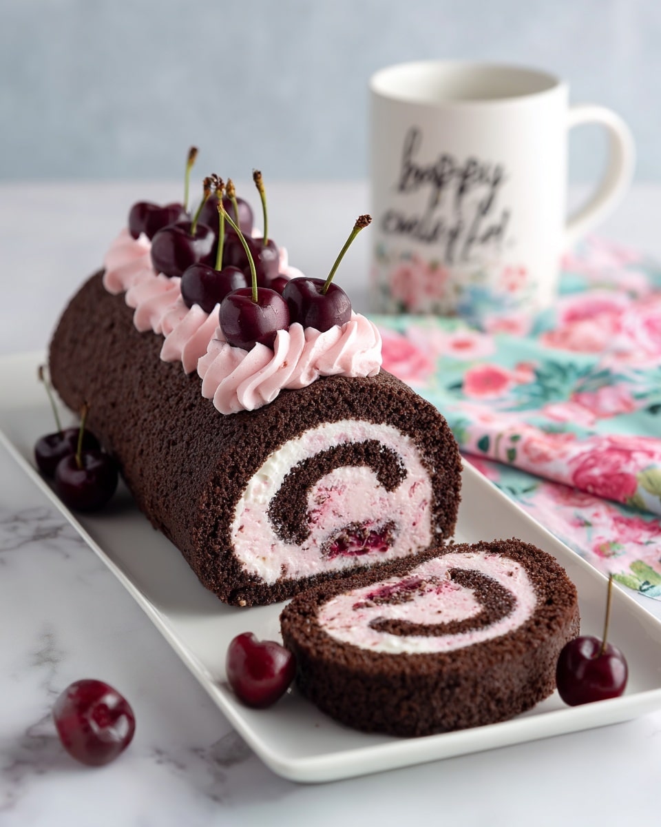 Swiss Chocolate Cherry Roll Cake Recipe - Recipe Image