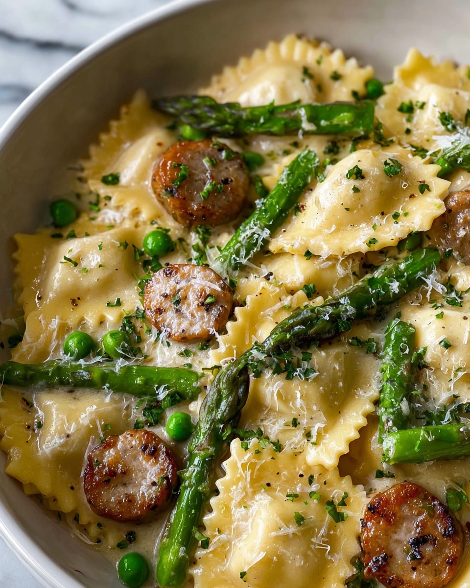 Asparagus Ravioli with Sausage and Peas Recipe - Recipe Image