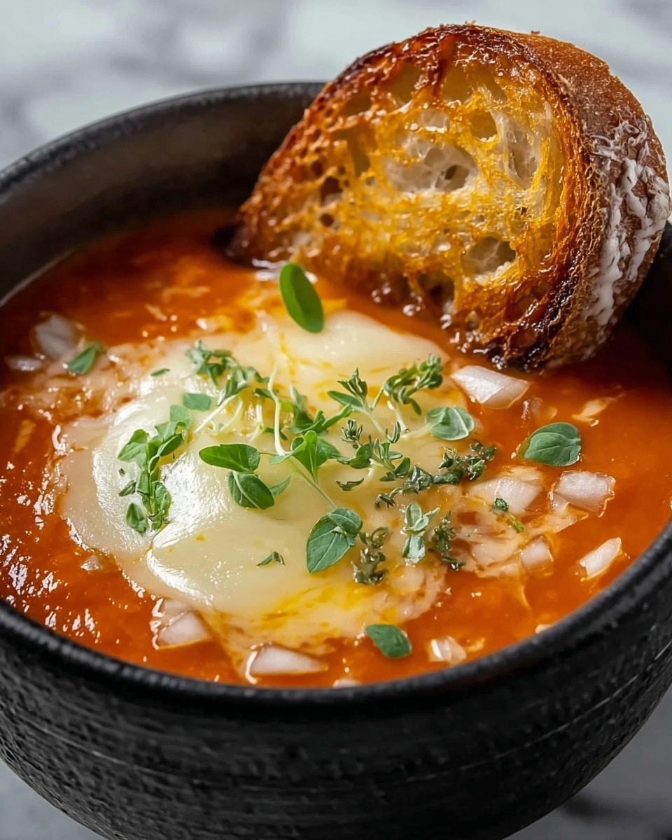Tomato Soup with Cheese and Onion Toast Recipe - Recipe Image