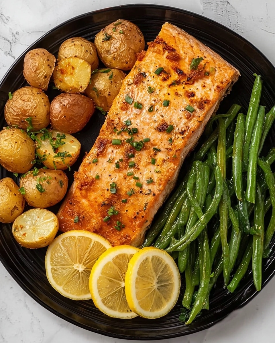 Easy Lemon Honey Salmon with Roasted Potatoes and Green Beans Recipe - Recipe Image
