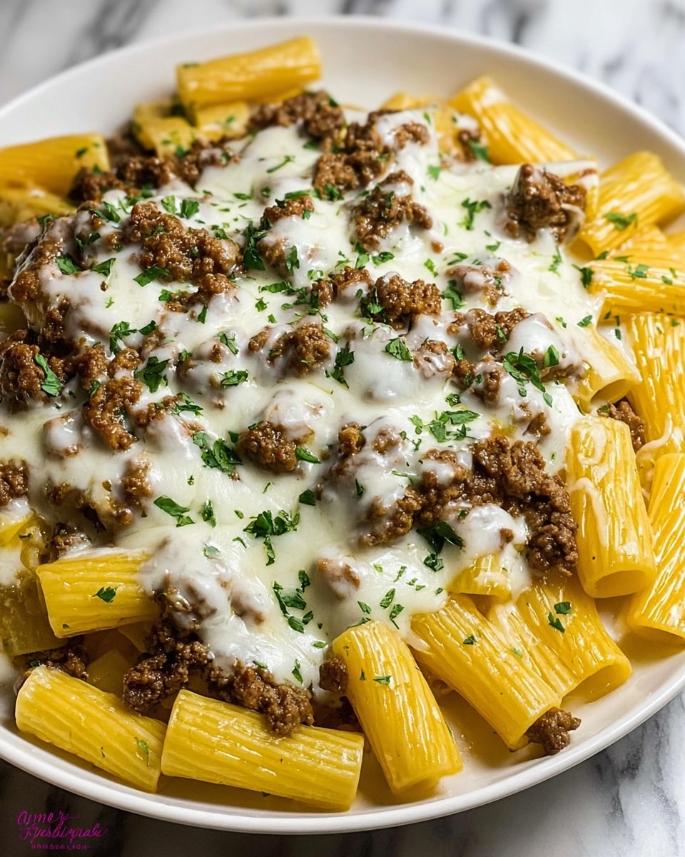 Creamy Cheesy Garlic Butter Rigatoni with Savory Beef Recipe - Recipe Image