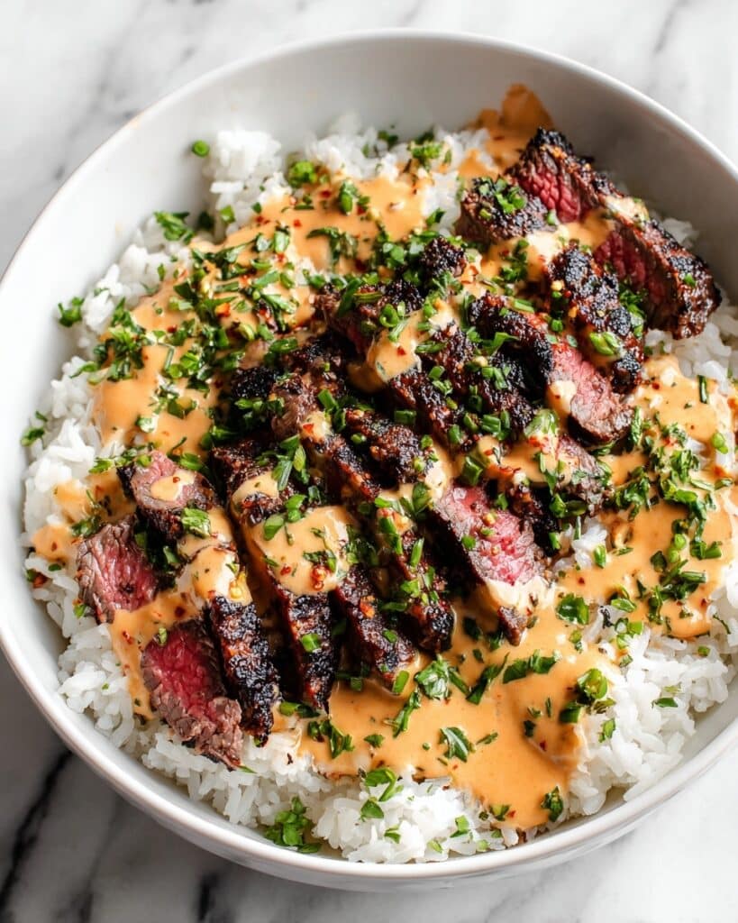 Korean BBQ Steak Rice Bowls with Spicy Cream Sauce Recipe