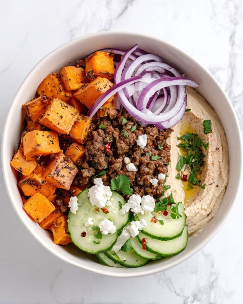 Ground Beef Bowls with Roasted Sweet Potatoes and Fresh Toppings Recipe