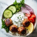 Greek Meatball Bowl with Tzatziki, Rice & Fresh Veggies Recipe