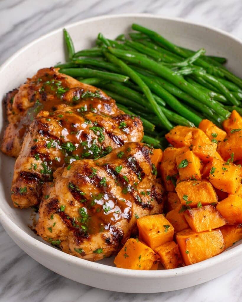 Honey Garlic Chicken with Sweet Potatoes and Green Beans Recipe