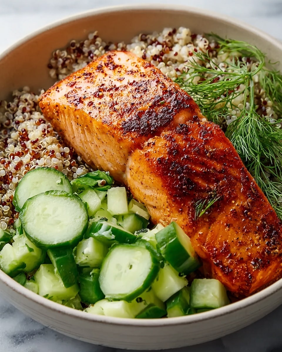 Spiced Salmon Bowl with Quinoa and Cucumber-Dill Salad Recipe 4 Spiced Salmon Bowl with Quinoa and Cucumber-Dill Salad Recipe - Recipe Image
