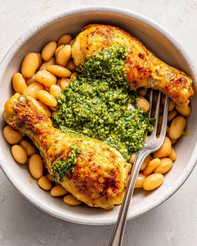 One-Pan Crispy Chicken with Cannellini Beans and Pistachio Pesto Recipe