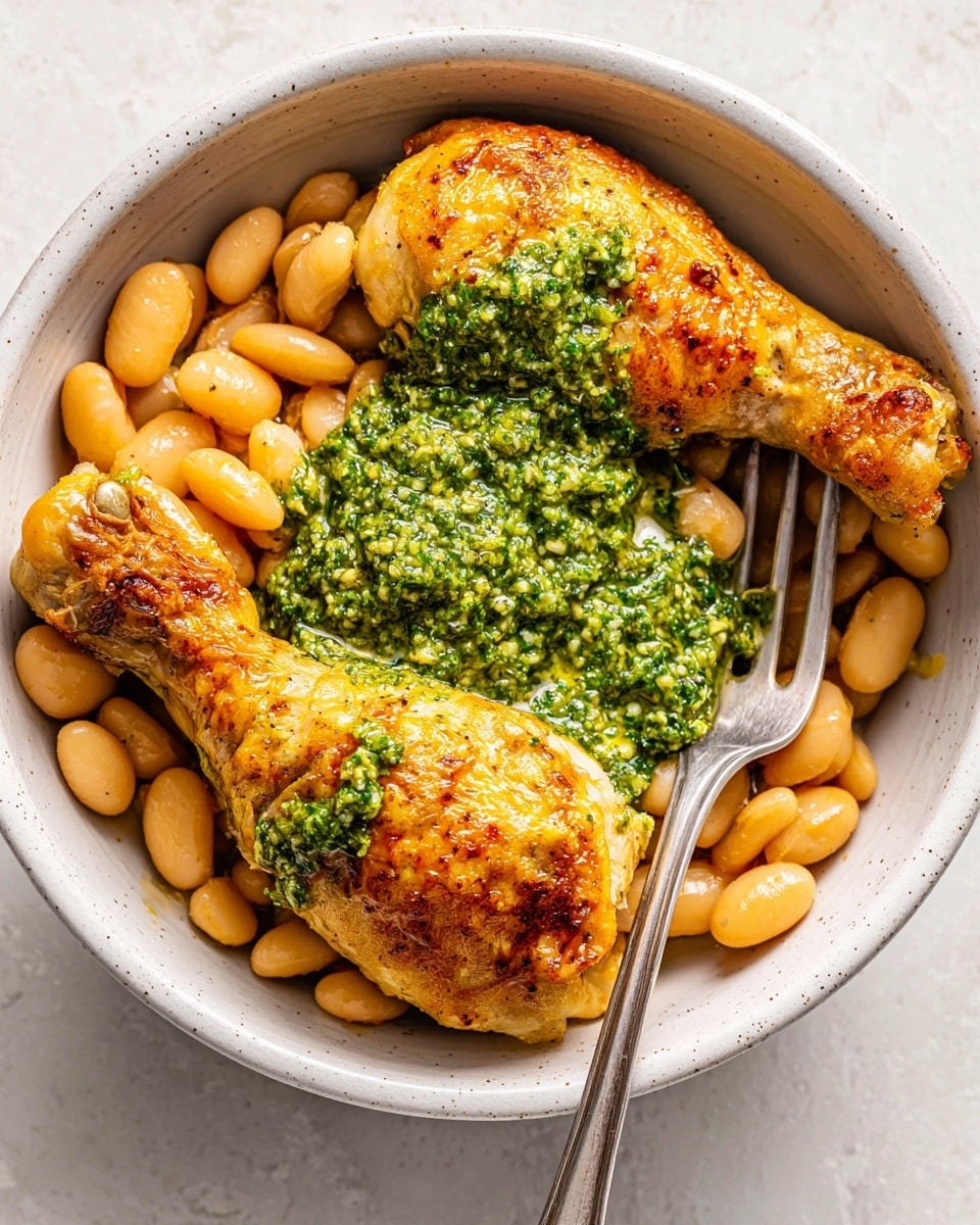 One-Pan Crispy Chicken with Cannellini Beans and Pistachio Pesto Recipe