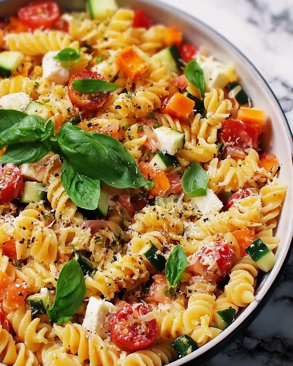 Mediterranean Pasta Salad with Cherry Tomatoes, Cucumber, and Red Bell Pepper Recipe - Recipe Image