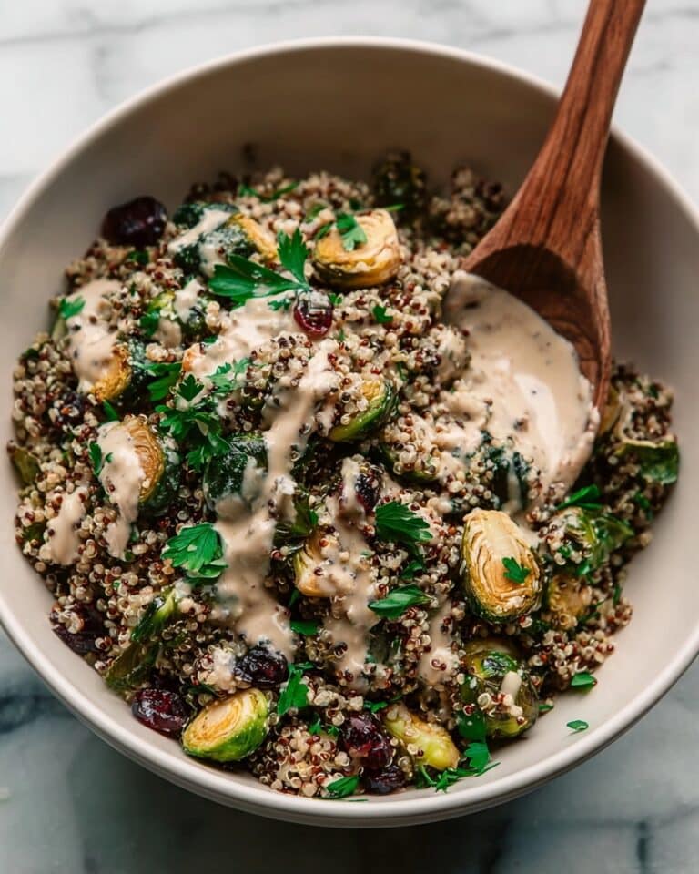 Roasted Brussels Sprouts, Quinoa & Lentil Salad with Spicy Caesar Dressing Recipe