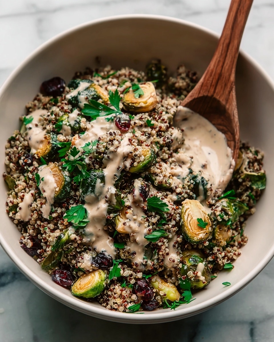 Roasted Brussels Sprouts, Quinoa & Lentil Salad with Spicy Caesar Dressing Recipe - Recipe Image