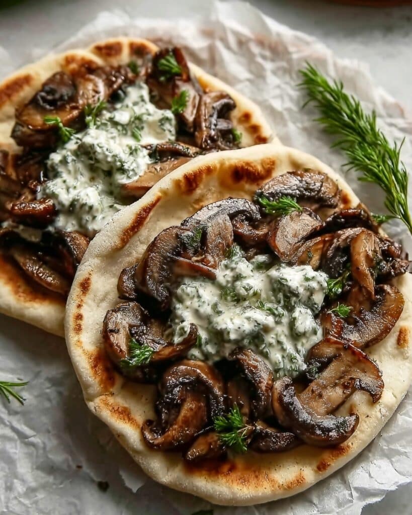 Cheesy Beef and Mushroom Pita Pockets with Tzatziki Sauce Recipe