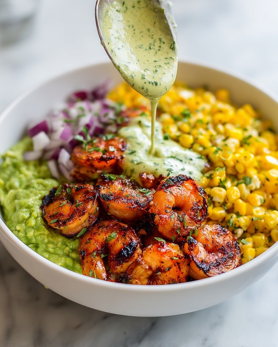 Yummy Grilled Shrimp Bowl with Avocado Corn Salsa and Creamy Sauce Recipe - Recipe Image