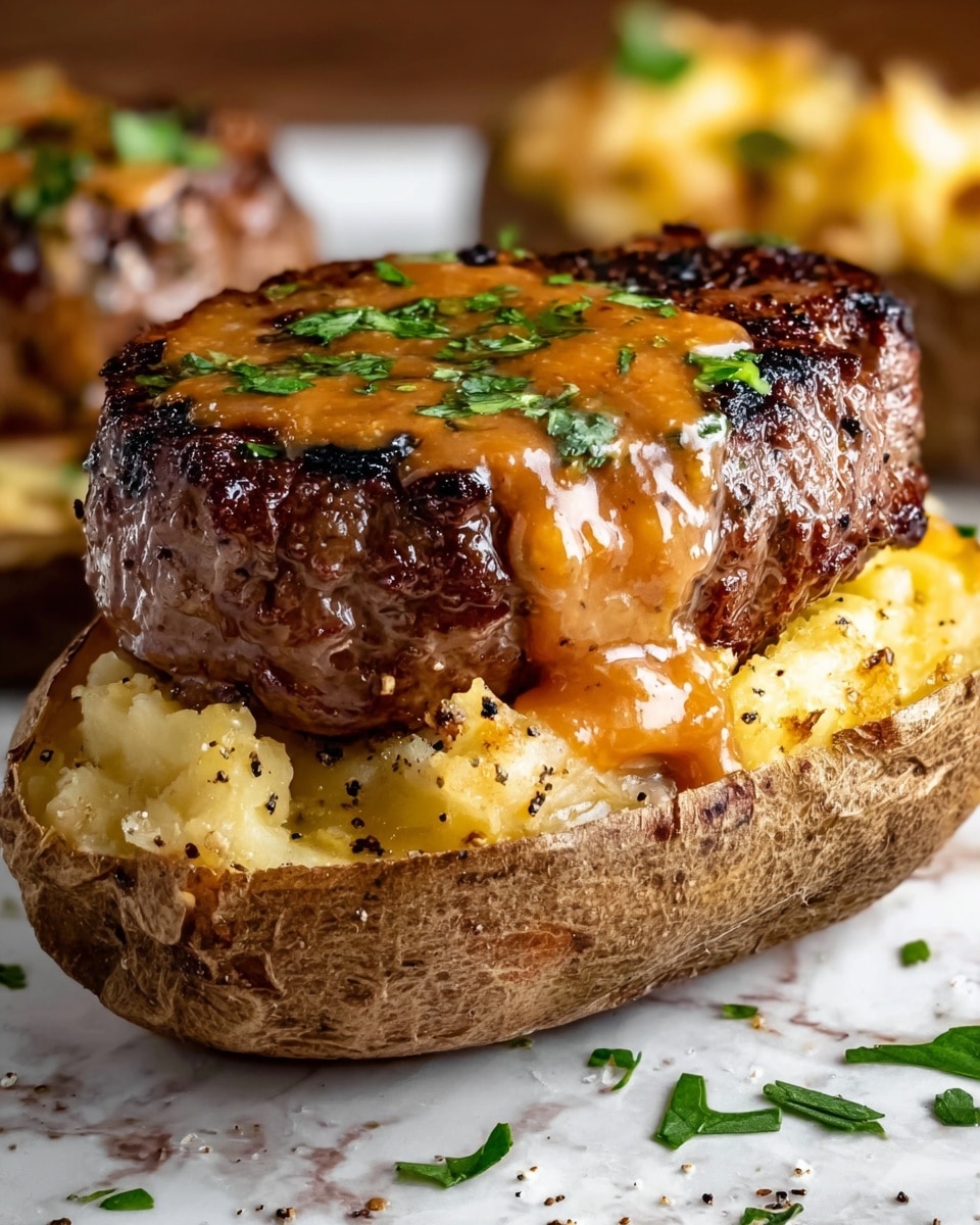Hearty Steak Bites on Loaded Baked Potatoes Recipe - Recipe Image
