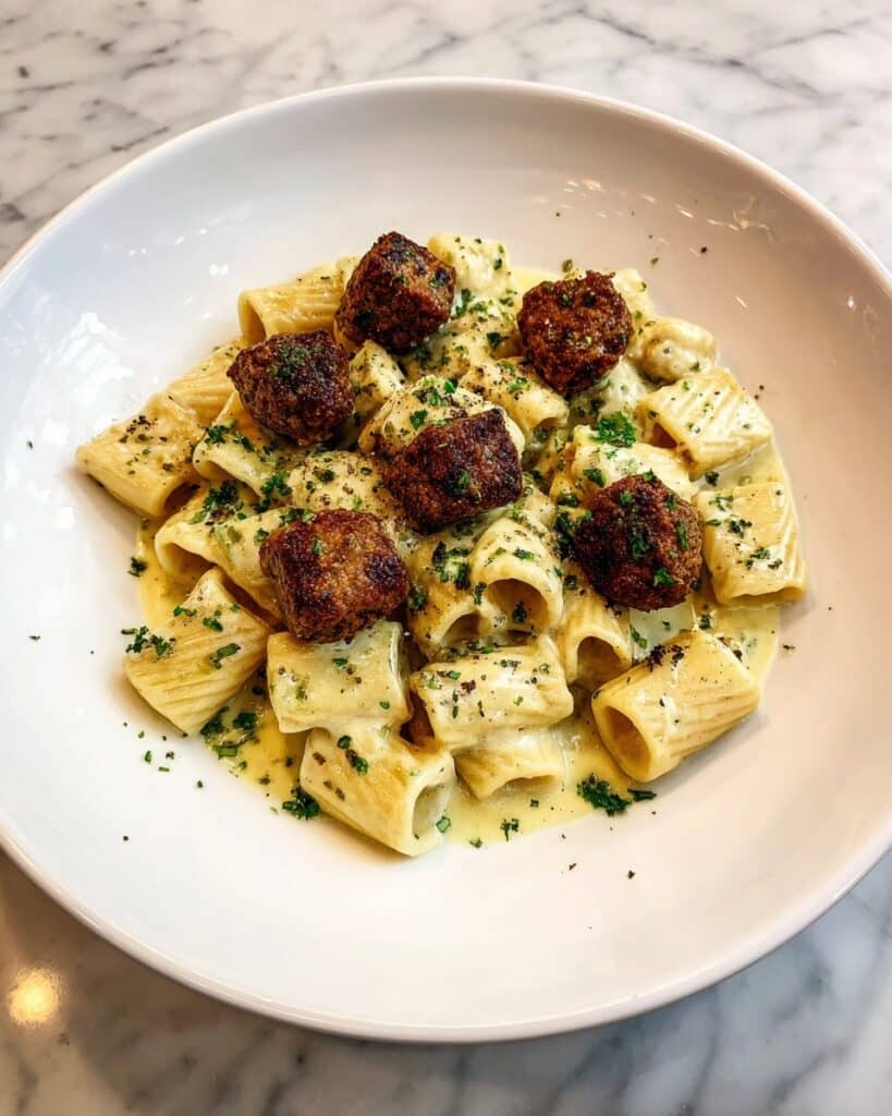 Creamy Garlic Sausage Alfredo Rigatoni Recipe
