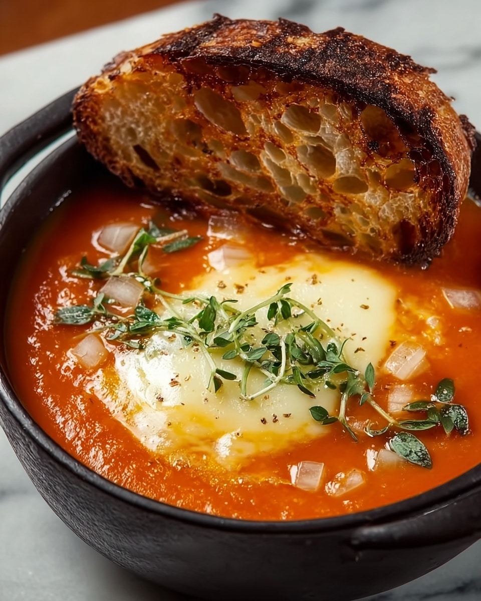 Tomato Soup with Cheese and Onion Toast Recipe - Recipe Image