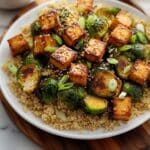 Roasted Brussels Sprouts and Crispy Tofu with Honey-Sesame Glaze Recipe