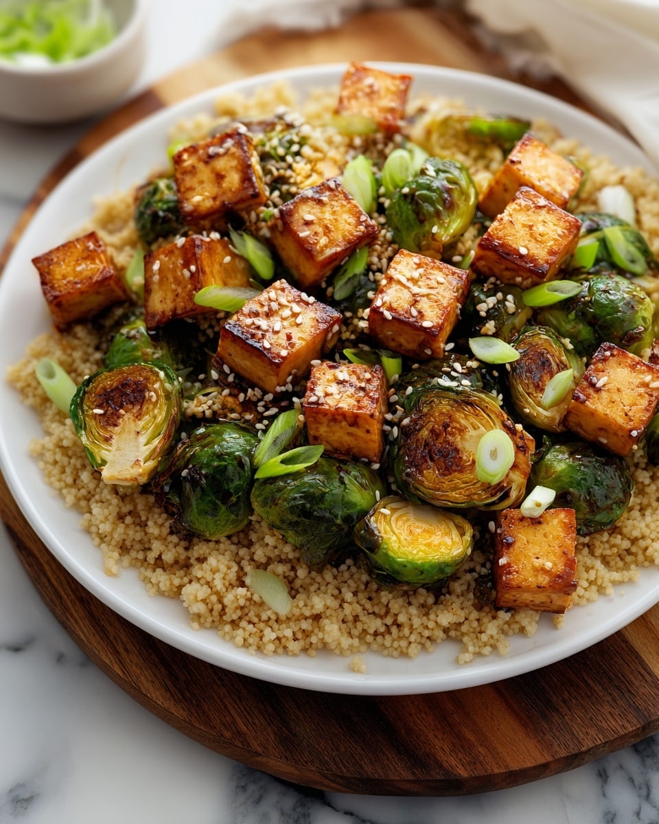 Roasted Brussels Sprouts and Crispy Tofu with Honey-Sesame Glaze Recipe