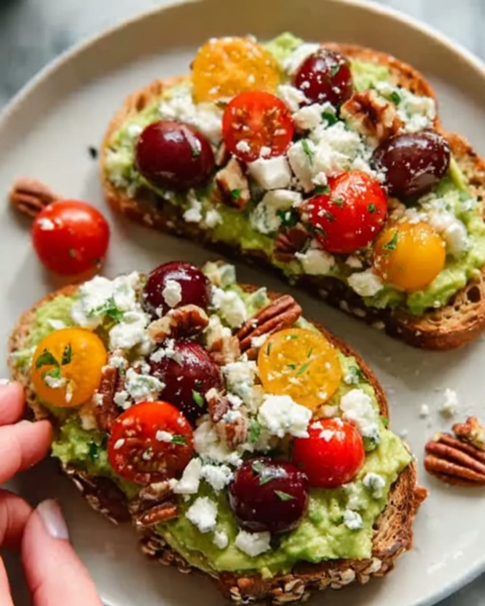 Avocado Toast with Feta, Cherry Tomatoes, Cranberries, and Walnuts Recipe - Recipe Image