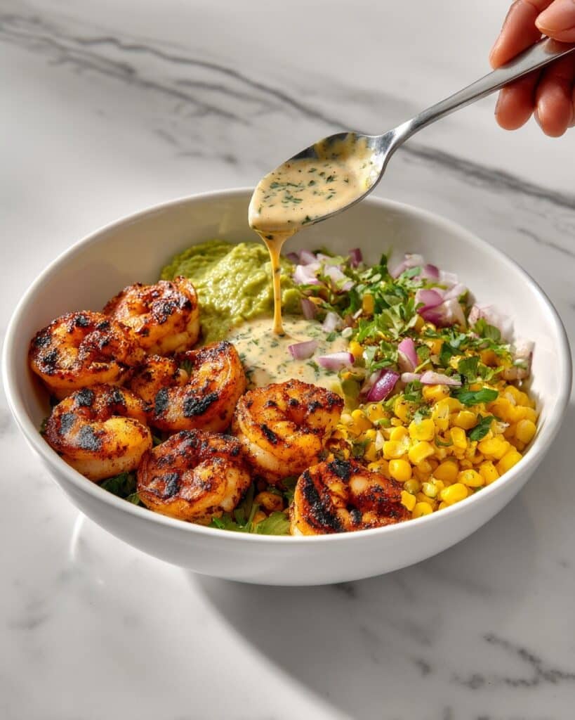 Yummy Grilled Shrimp Bowl with Avocado Corn Salsa and Creamy Sauce Recipe