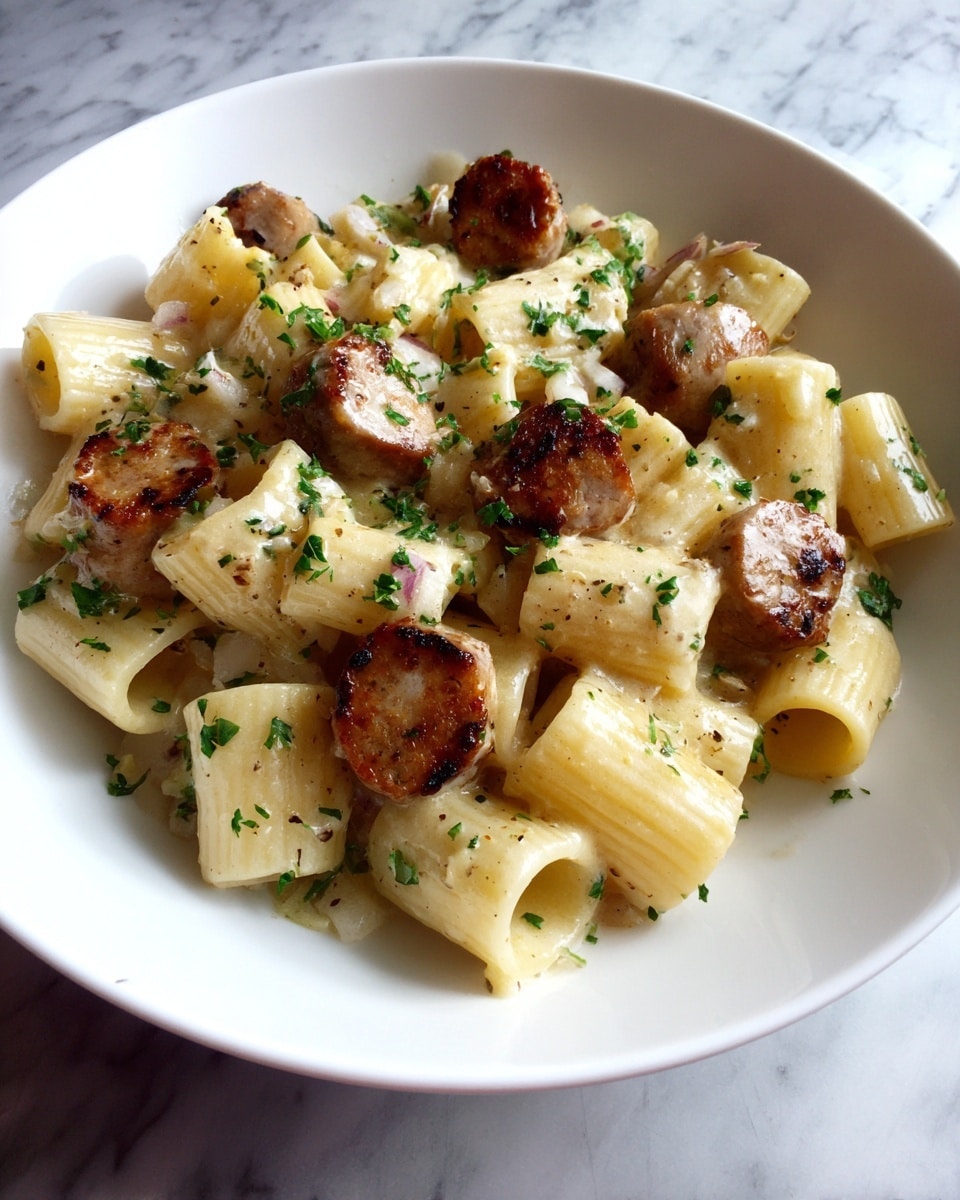Creamy Garlic Sausage Alfredo Rigatoni Recipe - Recipe Image