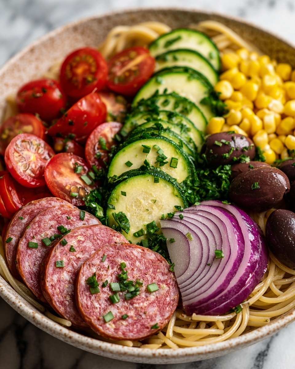 Spaghetti Salad with Fresh Vegetables, Salami, and Italian Dressing Recipe - Recipe Image