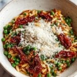 Spring Sun-Dried Tomato Orzotto with Asparagus and Snap Peas Recipe