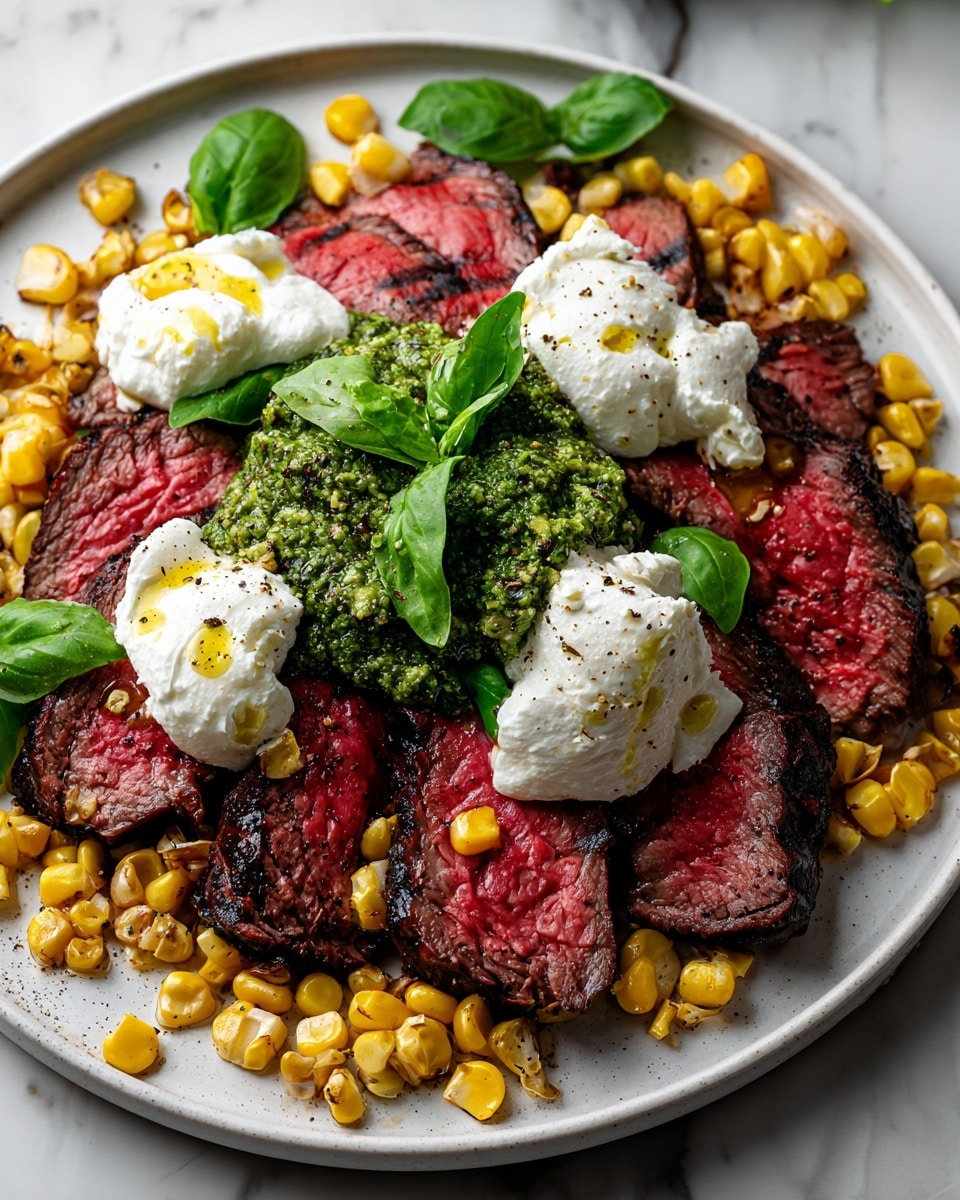 Grilled Flank Steak with Burrata & Pesto Recipe - Recipe Image