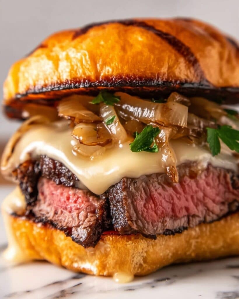 Grilled Ribeye Steak Sandwich with Caramelized Onions, Mushrooms, and Roasted Red Pepper Aioli Recipe