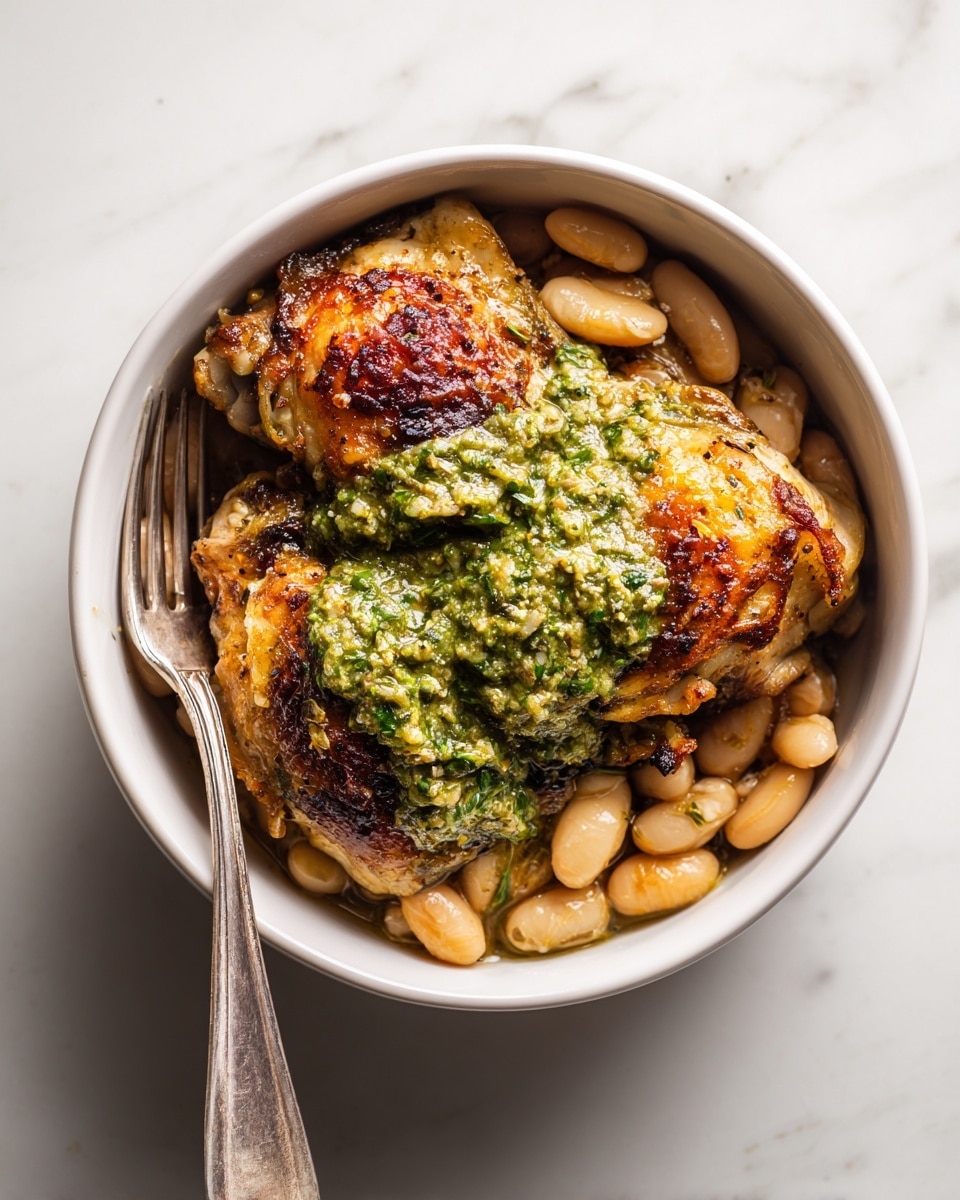 One-Pan Crispy Chicken with Cannellini Beans and Pistachio Pesto Recipe - Recipe Image