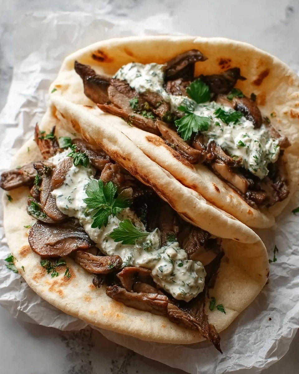 Cheesy Beef and Mushroom Pita Pockets with Tzatziki Sauce Recipe - Recipe Image