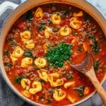 Tortellini Soup with Ground Beef, Vegetables, and Spinach Recipe