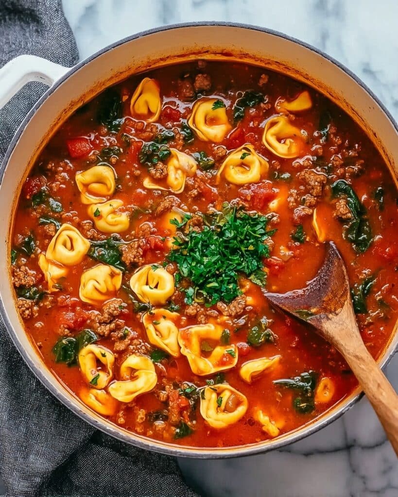 Tortellini Soup with Ground Beef, Vegetables, and Spinach Recipe