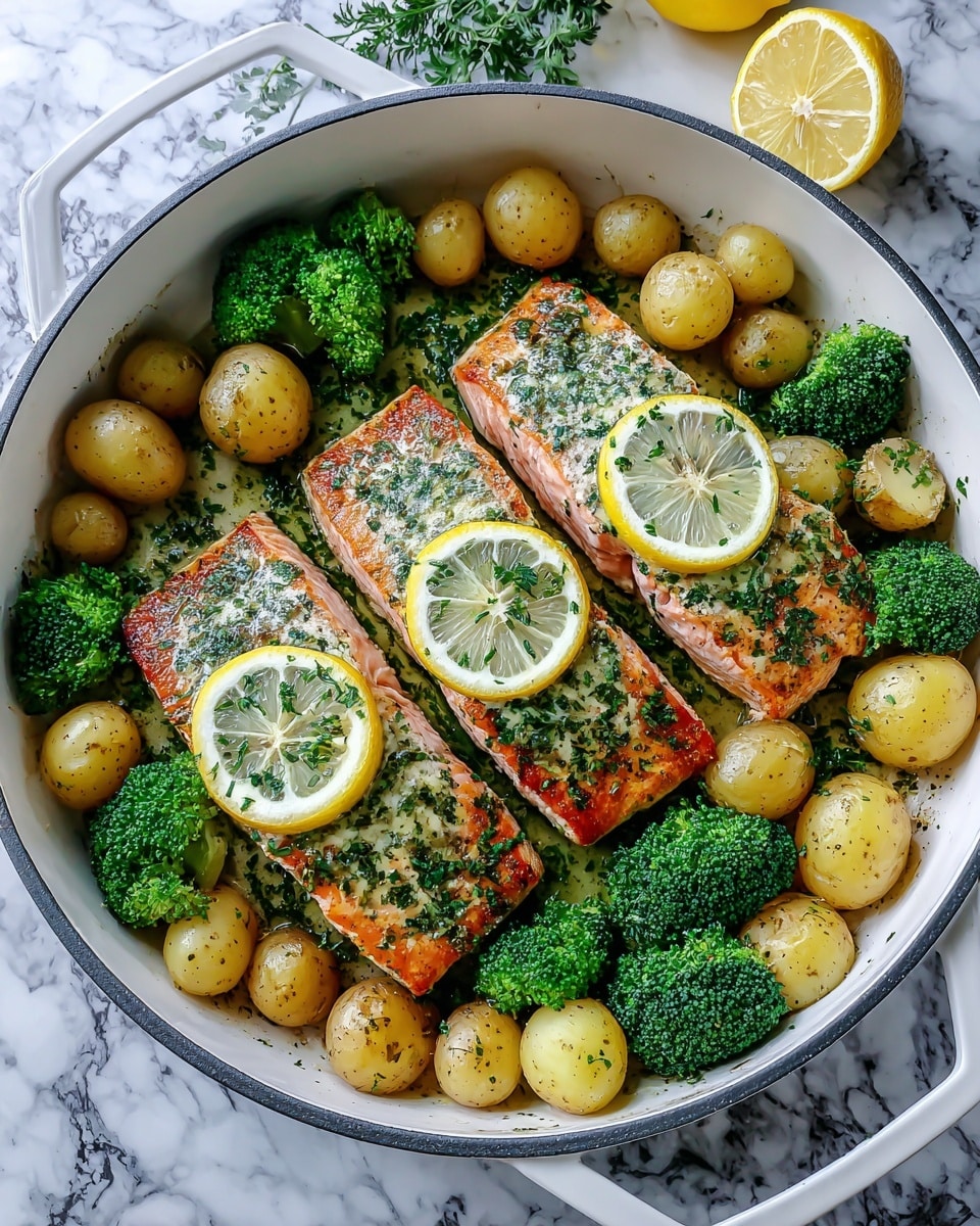 Lemon Butter Salmon with Crispy Potatoes and Broccoli Recipe - Recipe Image