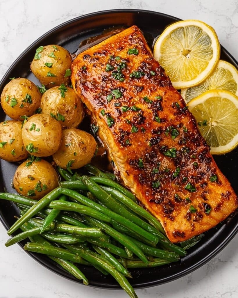 Easy Lemon Honey Salmon with Roasted Potatoes and Green Beans Recipe