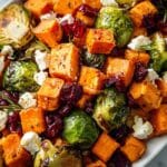 Cranberry-Glazed Roasted Butternut Squash, Brussels Sprouts, and Sweet Potato Salad Recipe