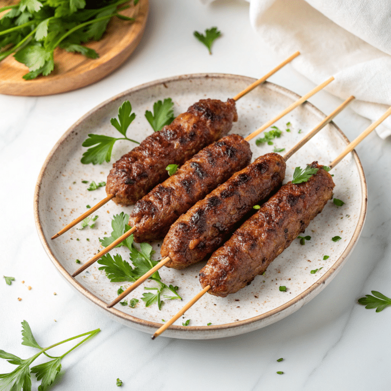 Spiced Kofta Kebabs with Tzatziki, Hummus, and Greek Salad Recipe