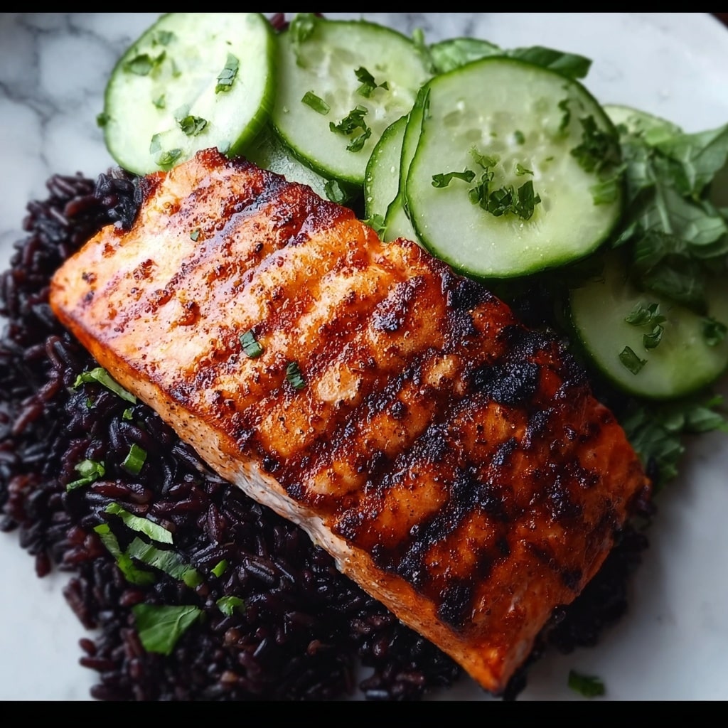 Grilled Salmon with Black Rice and Creamy Cucumber Salad Recipe - Recipe Image