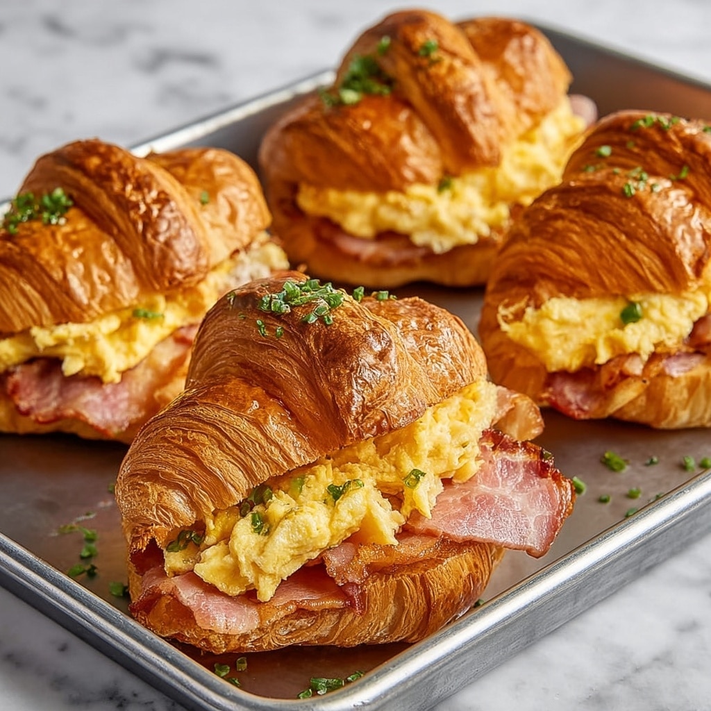 Croissant Breakfast Sandwiches with Dijon Honey Spread, Ham, Bacon, and Scrambled Eggs Recipe - Recipe Image
