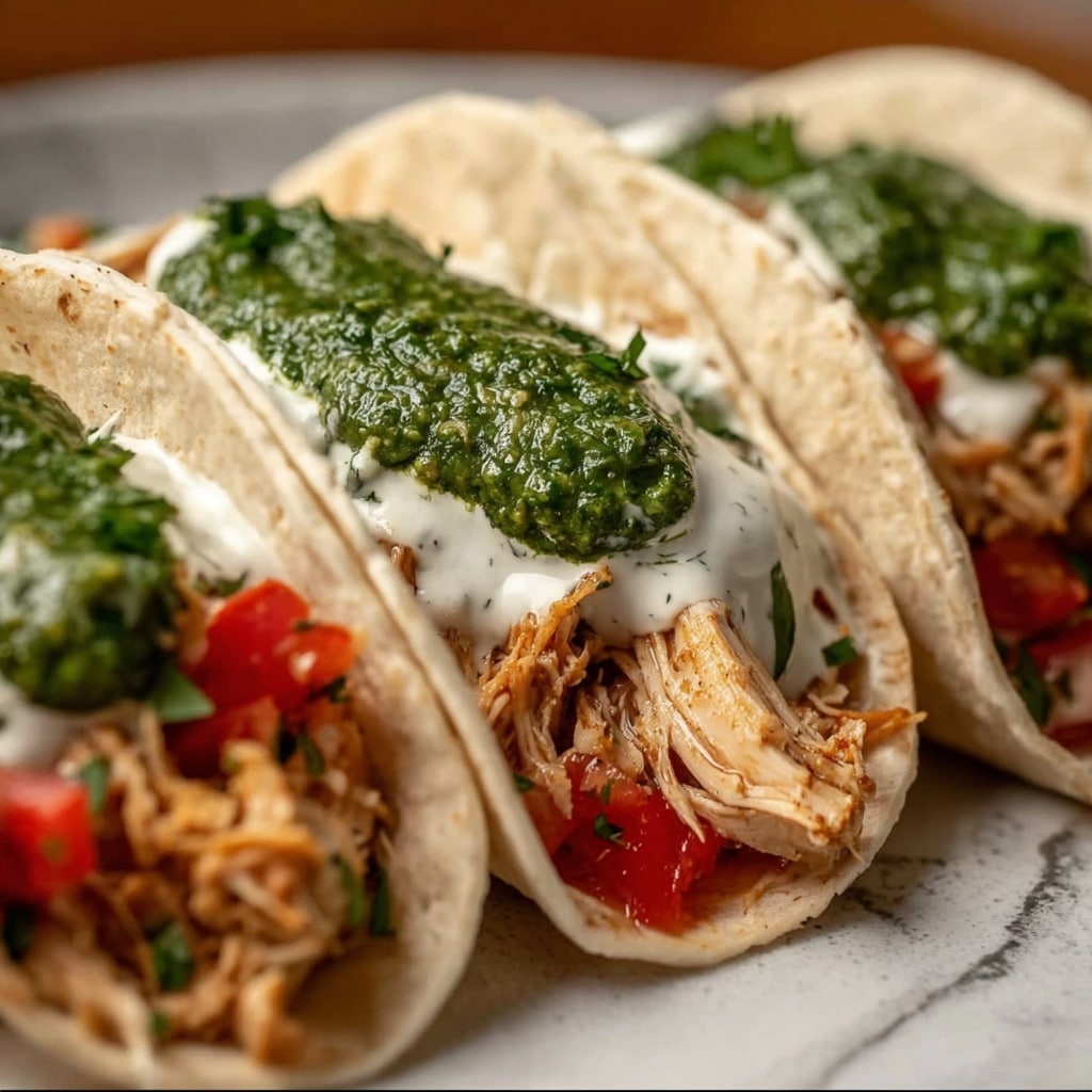 Shredded Chicken Tacos with Creamy Chimichurri Sauce Recipe - Recipe Image