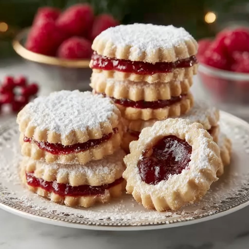 Raspberry-Filled Almond Snow Cookies – Festive Treat Recipe - Recipe Image