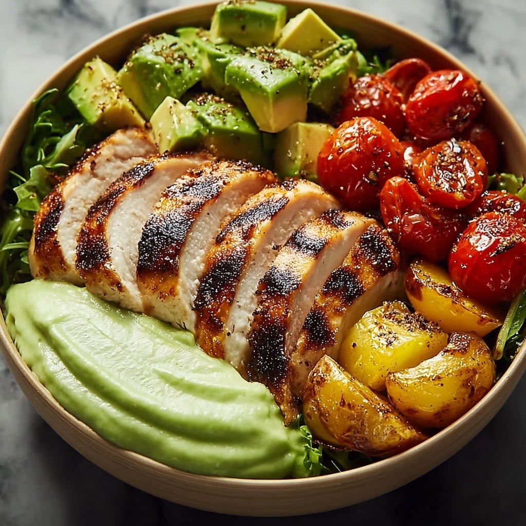Grilled Chicken Bowl with Creamy Avocado Sauce and Veggies Recipe - Recipe Image