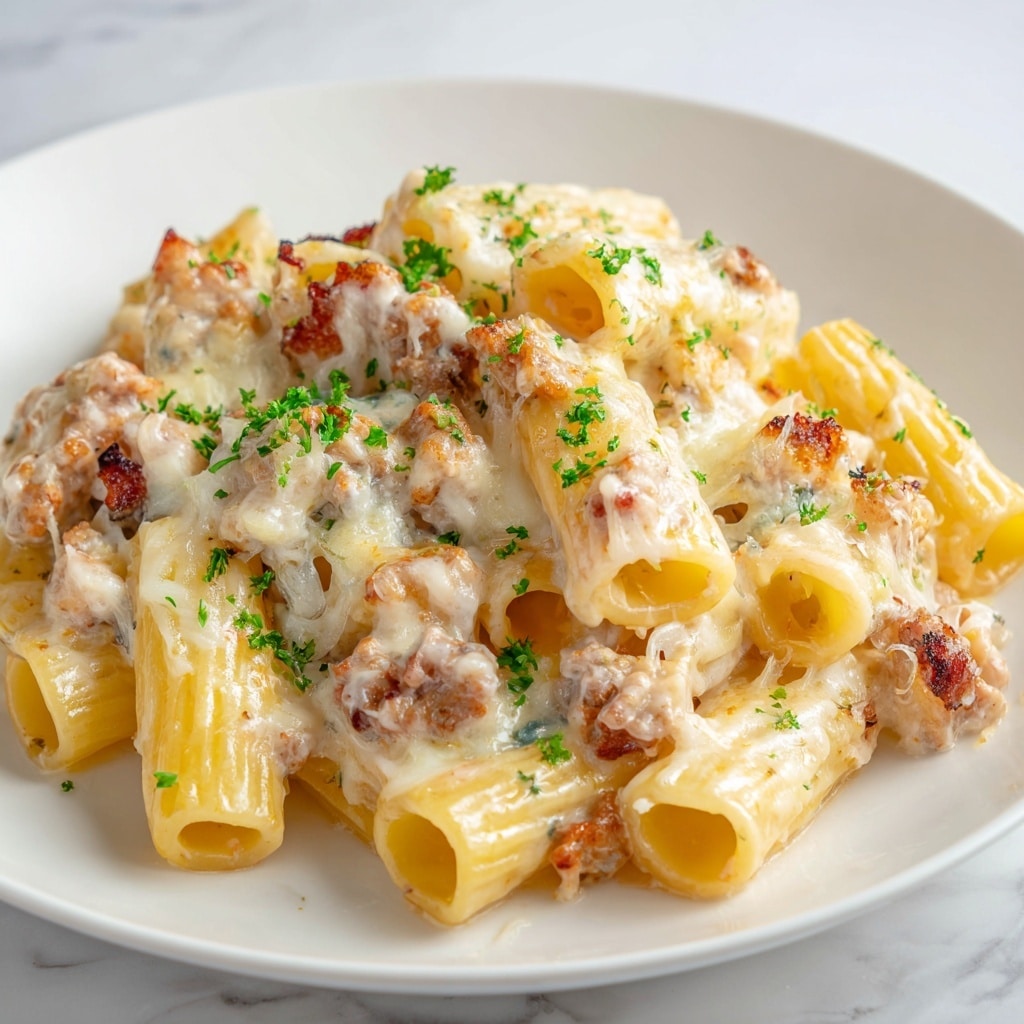Creamy Garlic Sausage Alfredo Rigatoni Recipe