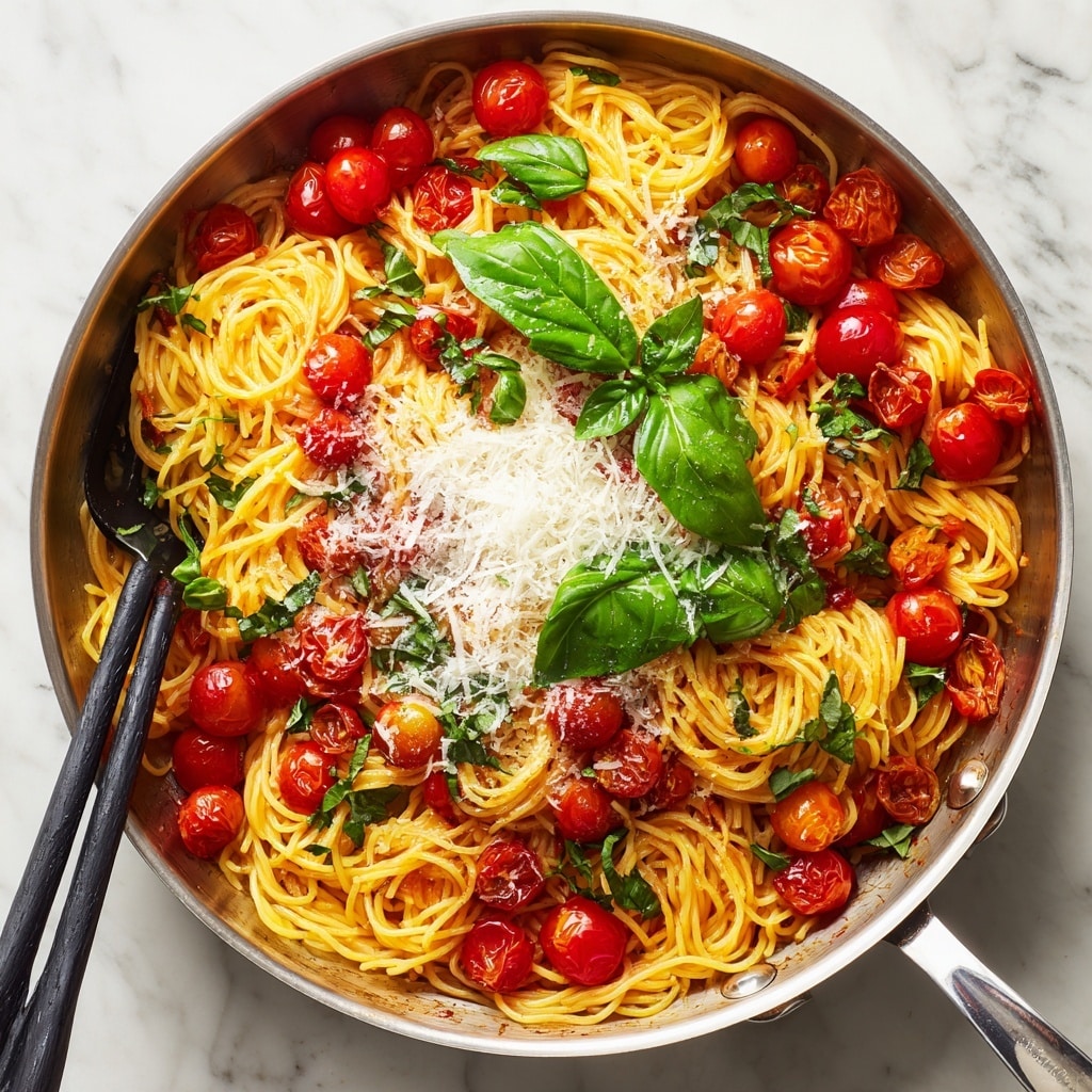 One Pan Pasta with Cherry Tomatoes, Spinach, and Parmesan Recipe - Recipe Image