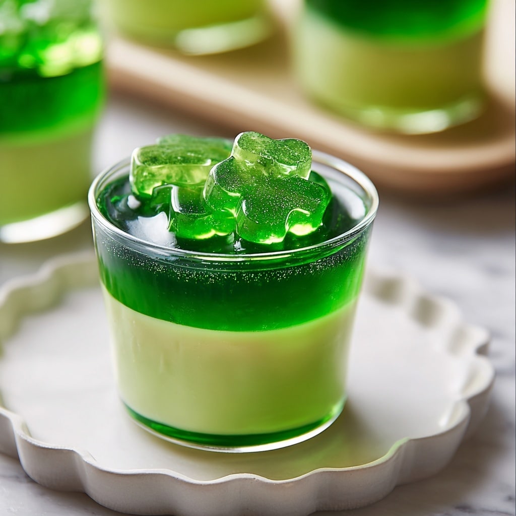 Green Jello Shots with Whipped Cream and Shamrock Candies Recipe