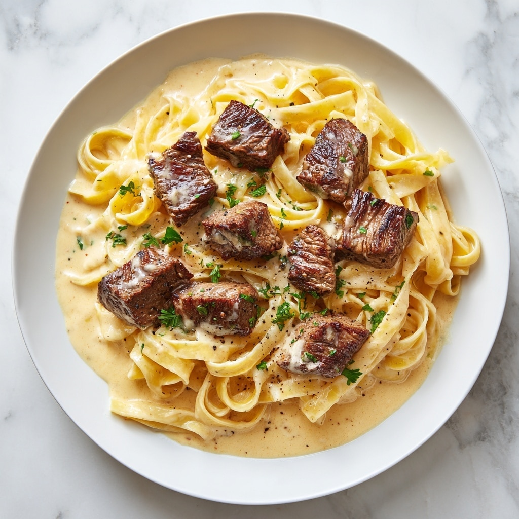 Garlic Butter Steak Bites with Creamy Parmesan Pasta Recipe - Recipe Image