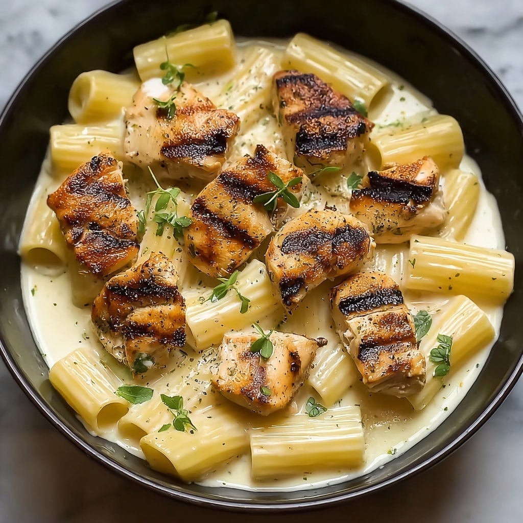 Creamy Garlic Butter Chicken and Rigatoni in Parmesan Sauce Recipe - Recipe Image
