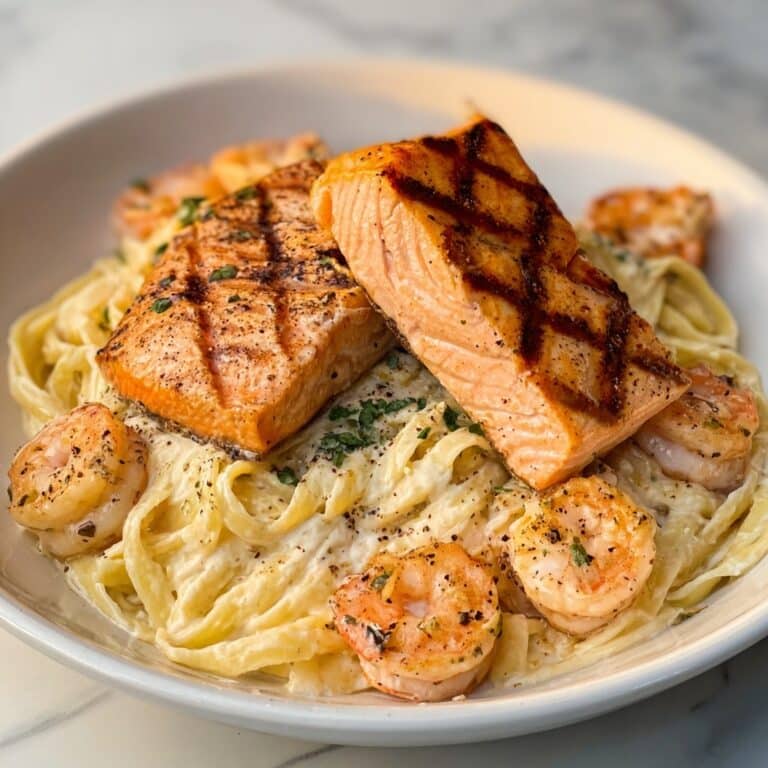 Grilled Salmon Shrimp Fettuccine Alfredo Recipe